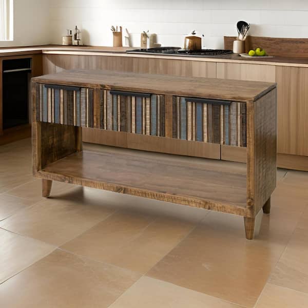 Benjara 15.75 in. Brown, Blue and Black Rectangle Wooden Console Table with 3-Drawers and 1 Shelf