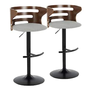 Cosi 32.25 in. Grey Fabric, Walnut Wood and Black Metal Adjustable Bar Stool with Rounded T Footrest (Set of 2)