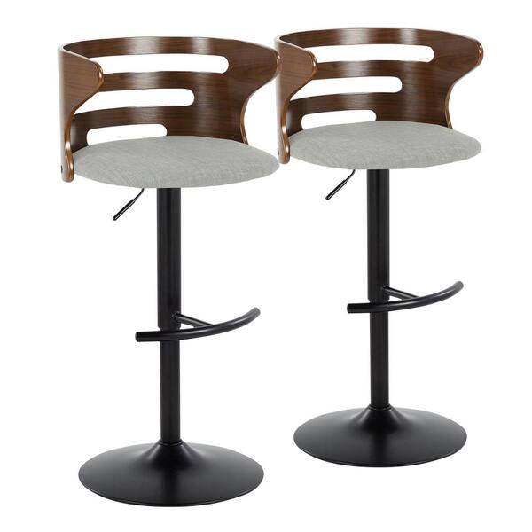 Lumisource Cosi 32.25 in. Grey Fabric, Walnut Wood and Black Metal Adjustable Bar Stool with Rounded T Footrest (Set of 2)
