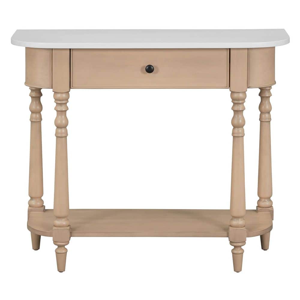 36 in. Beige/White Rectangle Solid Wood Narrow Console Table Curved Corner 