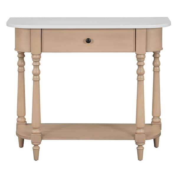 CSC DECOR INC 36 in. Beige/White Rectangle Solid Wood Narrow Console Table Curved Corner Entryway Sofa Table with Drawer Open Shelf