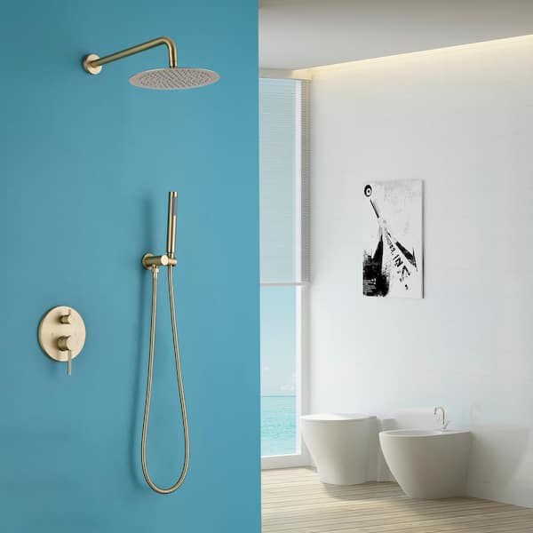 1-Spray Patterns with 1.5 GPM 10 in. Wall Mounted Dual Shower Heads with Rough-In Valve in Gold