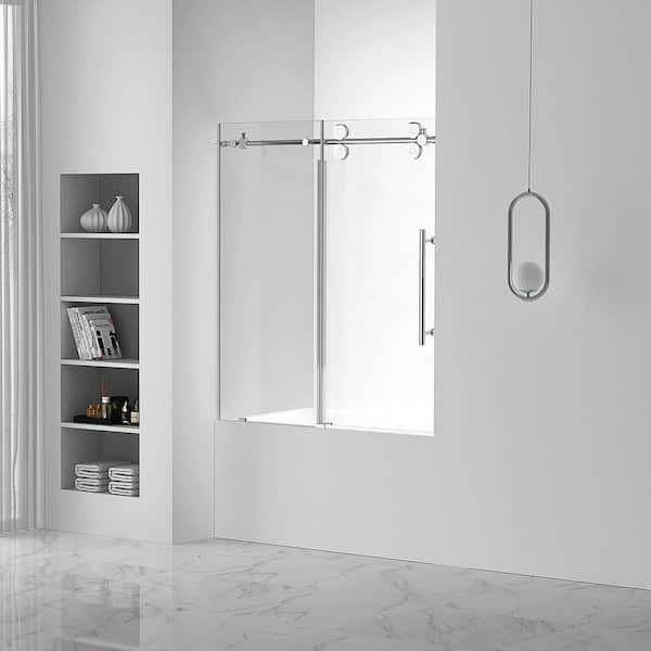 FINE FIXTURES 60 in. W x 66 in. H Sliding Tub Door Frameless in Chrome Finish with Tempered Clear Glass