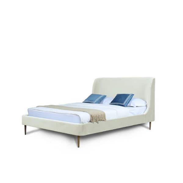 Manhattan Comfort Heather Cream Wood Frame Full Velvet Platform Bed with Gold Legs