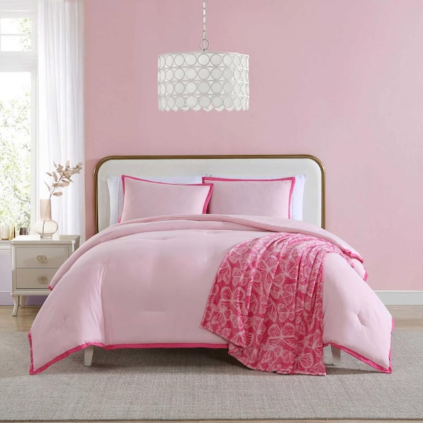 BETSEY JOHNSON Signature Hotel Solid 4 Piece Pink/Bright Pink Microfiber King Comforter Bonus Set