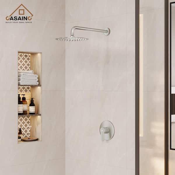 1-Spray Patterns with 1.8 GPM 10 in. Wall Mount Round Fixed Shower Head in Brushed Nickel (Valve Included)