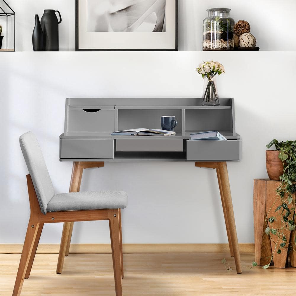 Light Gray Wooden Writing Desk with Hutch and Drawers
