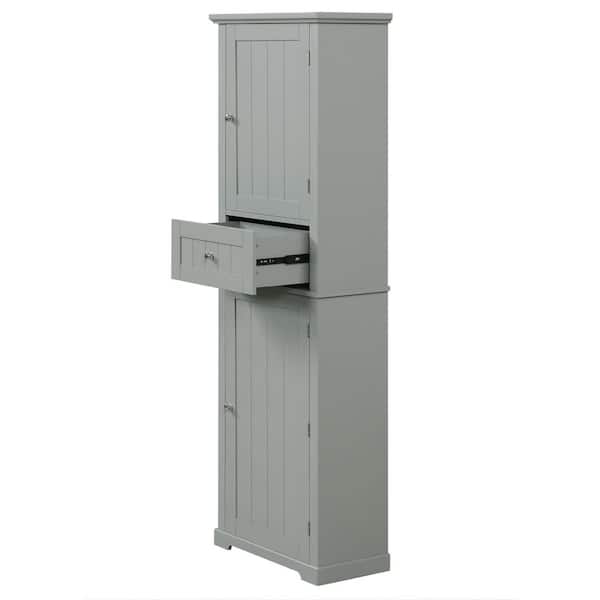 22 in. W x 11 in. D x 68 in. H Gray MDF Freestanding Linen Cabinet with Door and Drawers, Adjustable Shelf