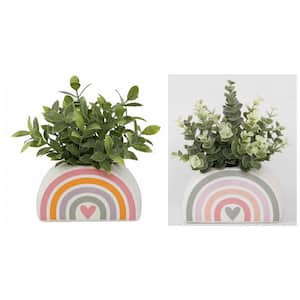 Artificial Eucalyptus and Tea Leaf in 5.75 in. Rainbow Ceramic Pot (Set of 2)