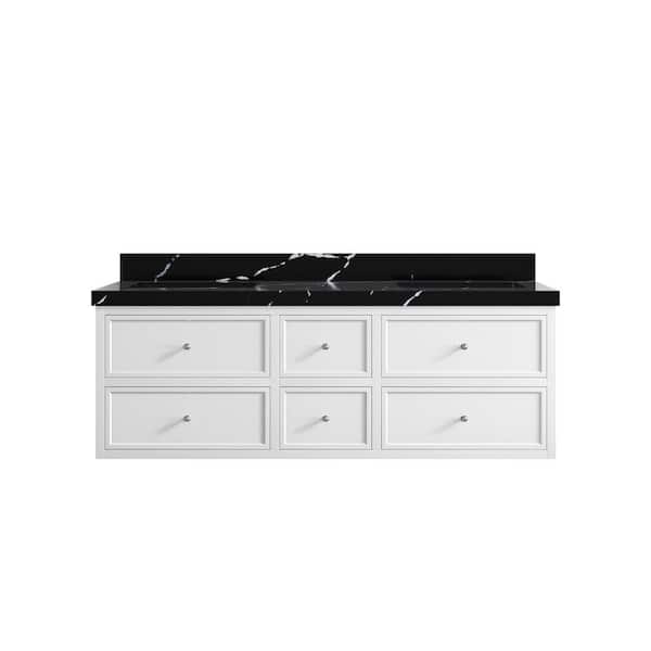 Willow Collections Roswell Floating 60 in. Double Sink Freestanding White Bath Vanity with Calacatta Black Qt. Top Unassembled