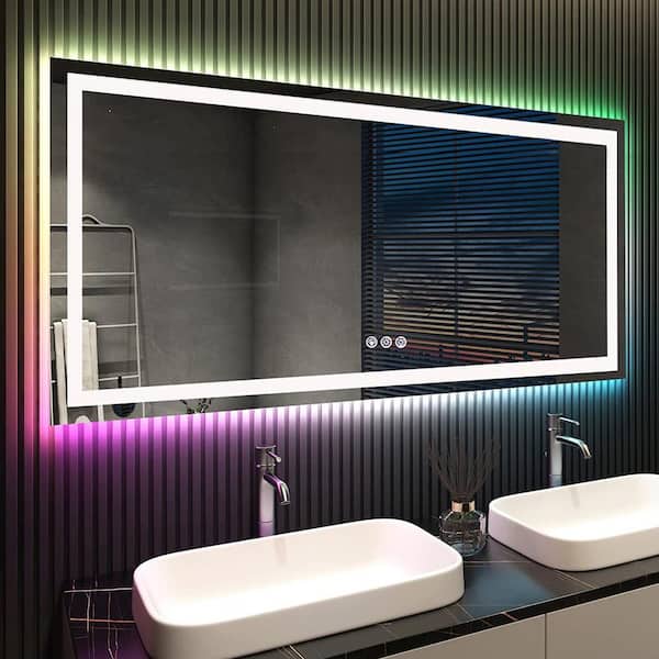 Apmir 60 in. W x 28 in. H Rectangular Frameless RGB Backlit & LED Frontlit Anti-Fog Tempered Glass Wall Bathroom Vanity Mirror
