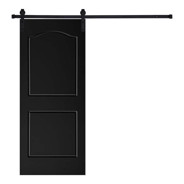 AIOPOP HOME Modern 2-Panel Archtop Designed 80 in. x 32 in. MDF Panel Black Painted Sliding Barn Door with Hardware Kit