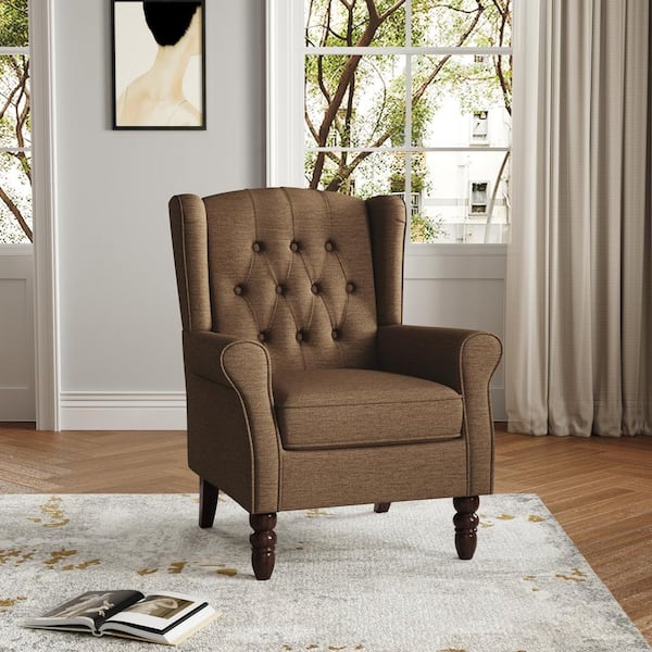 Modern Brown Linen Upholstered Button High Back Accent Arm Chair With Wood Legs (Set of 1)