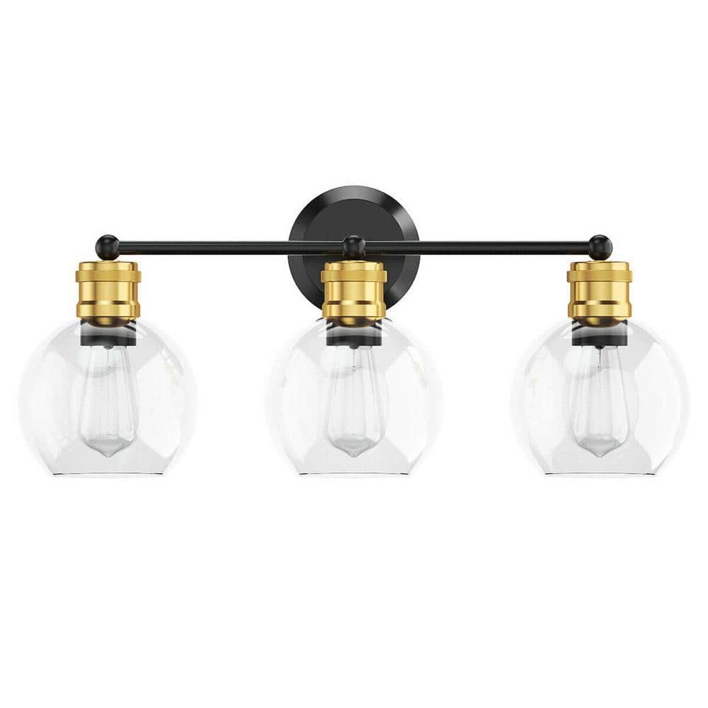 Black and Gold 24.5" Modern 3-Light Vanity Sconce with Clear Glass Shades