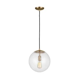 Leo 12 in. Large 1-Light Satin Brass Hanging Globe Pendant Light with Clear Seeded Glass Shade
