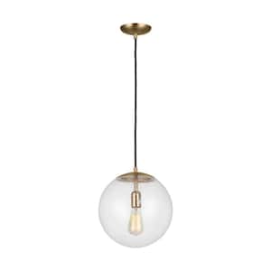 Leo Hanging Globe 12 in. 1-Light Satin Brass Pendant with Clear Seeded Glass Shade