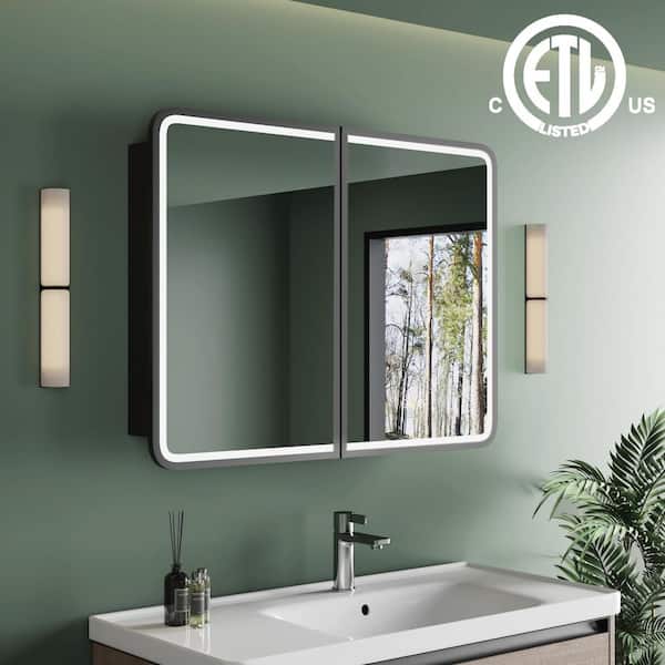 HBEZON Thalia 36 in. W x 30 in. H Rectangular LED Medicine Cabinet with Mirror, Adjustable Shelves, Recessed/Wall Mount, Black