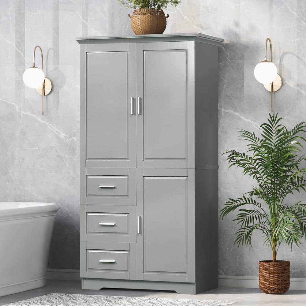 32.6 in. W x 18.1 in. D x 62.2 in. H Gray Linen Cabinet with 3-Drawers and 