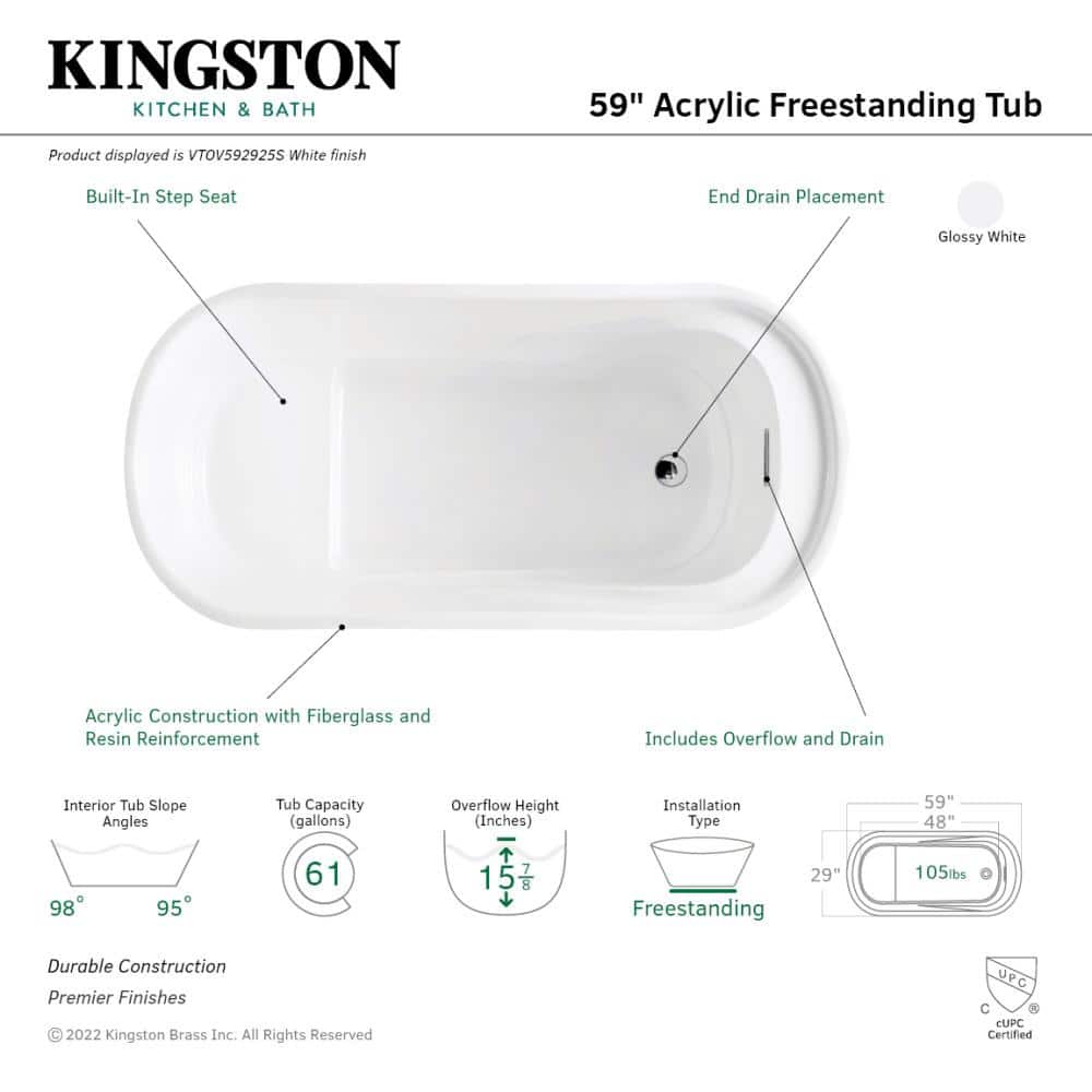 Aqua Eden 59-Inch Glossy White Acrylic Freestanding Tub with Integrated Seat