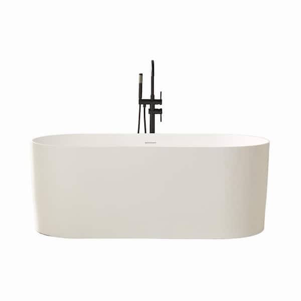 Vanity Art 59 in. x 30 in. Freestanding Oval Soaking Stone Resin Bathtub in Matte White with Pure White Overflow and Pop Up Drain