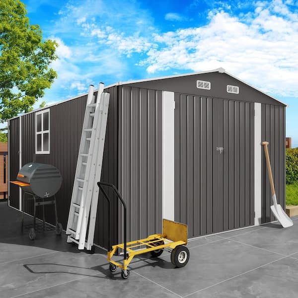 10 ft. W x 14 ft. D Metal Shed with 3-Lockable Doors and Clear Window, Durable Garden Sheds in Grey (138 sq. ft. )