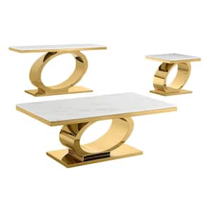 Megan 55 in. White Rectangle Marble Top Coffee Table Set with Gold Stainless Steel Base 3-Piece