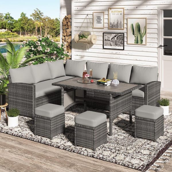 7-Pieces Patio Wicker Furniture Dining Set with Gray Cushions