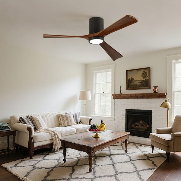 42 in. Smart Black 6-Speed Solid Wood Brown Blade Flush Mount Ceiling Fan with 3-Color LED Light and APP, Remote Control