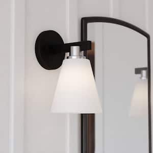 Vermont 6 in. W 1 -Light Matte Black and Nickel Bathroom Wall Vanity -Light Fixture White Glass