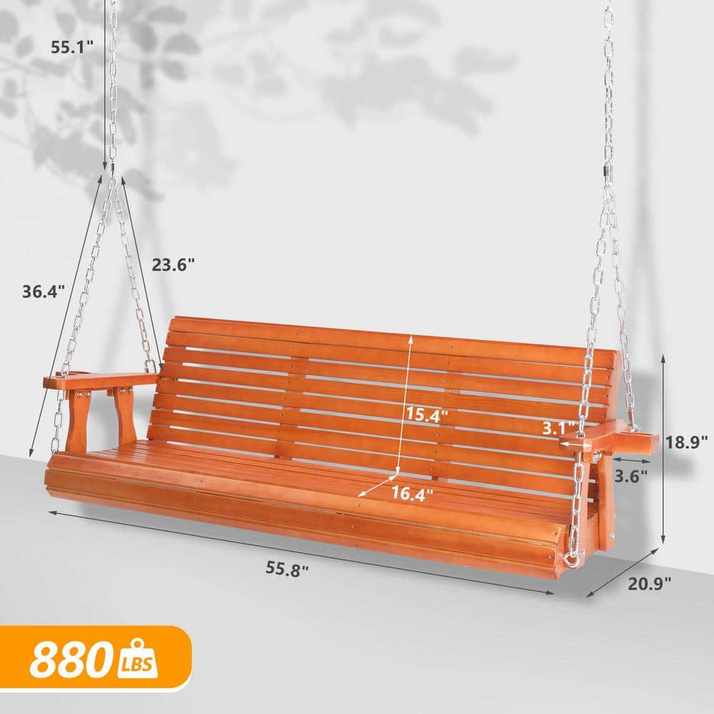 5 ft Brown Pine Wood Porch Swing with Adjustable Chains