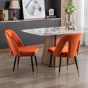 Modern Orange Velvet Upholstered Dining Chair with Nailheads and Metal Legs (Set of 2)