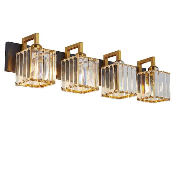 Home Lighting 28.34 in. 4-Light BlackGold Crooked Crystal Vanity Light for Bathroom, No Bulbs Included