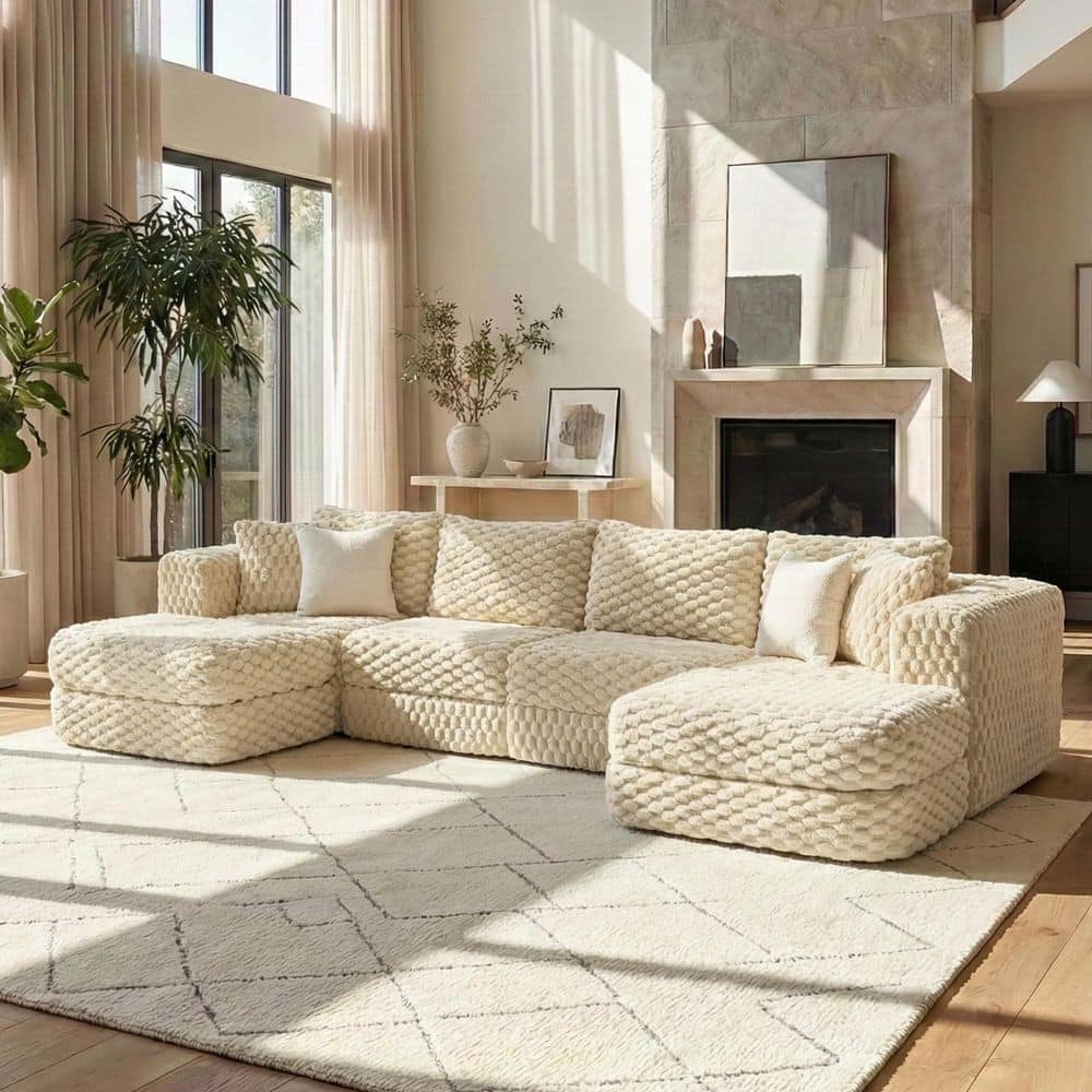 Darsen Modern 135.4 in. Polyester Fabric Upholstered U-shaped Sectional Sofa in. Coffee with Ottomans & Pillows