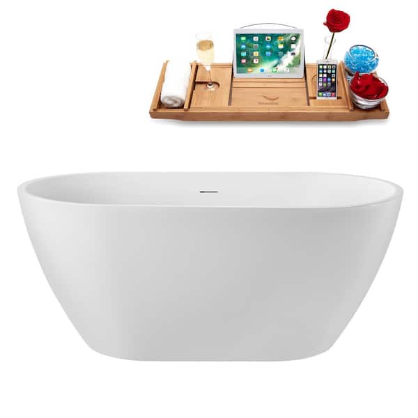 Streamline 55 in. x 28 in. Acrylic Freestanding Soaking Bathtub in Glossy White with Matte Oil Rubbed Bronze Drain, Bamboo Tray