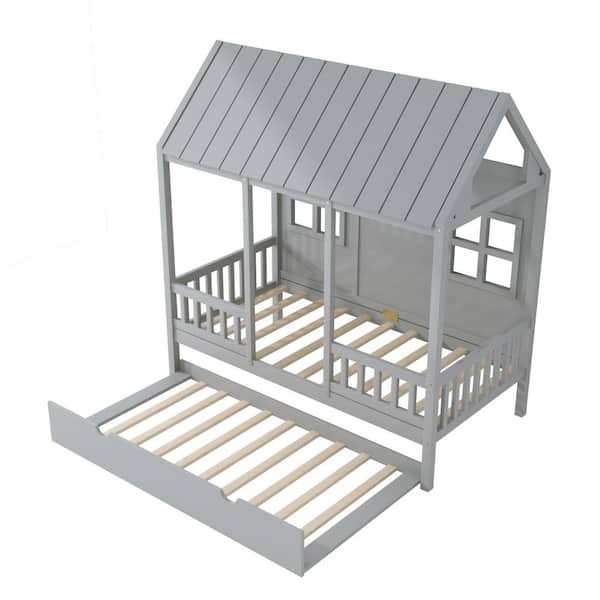 Donason Gray Twin Size Wood House Bed With Twin Size Trundle