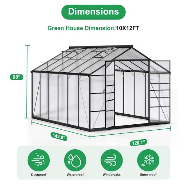 NETAJE 10 ft W x 12 ft D Black Polycarbonate Greenhouse with Quick