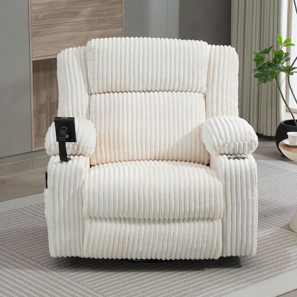 White Enhanced Dual-Motor Swivel Corduroy Recliner Rocking Chair with Massage and Heating, Headrest Adjustable