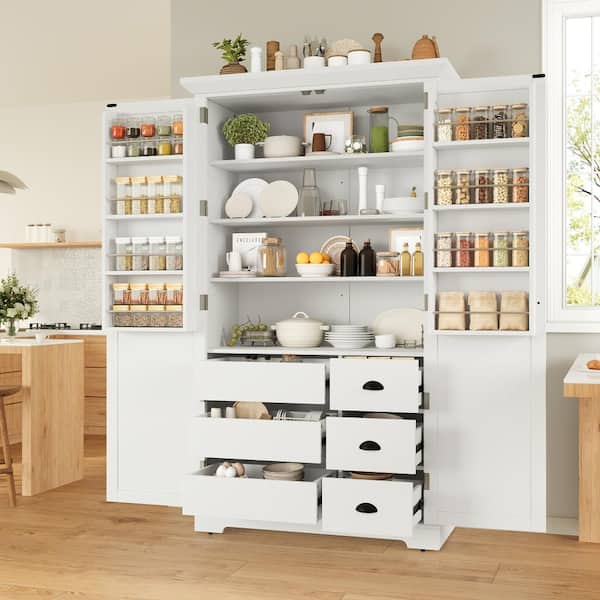 72 in. White Freestanding Kitchen Pantry with Drawers, Door Shelves, Adjustable Shelves and Pull-out Trays