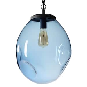 Large Organic Contemporary 13 in. W x 16 in. H 1-Light Black Hand Blown Glass Pendant Light with Blue Glass Shade