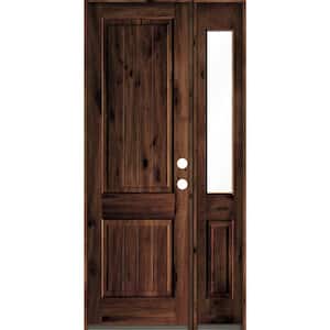 44 in. x 96 in. Knotty Alder Square Top Left-Hand/Inswing Clear Glass Red Mahogany Stain Wood Prehung Front Door w/RHSL