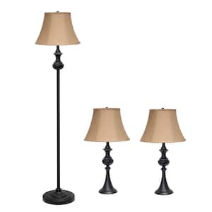 60 in. Restoration Bronze Traditional Valetta 3 Piece Metal Lamp Set (2 Table Lamps, 1 Floor Lamp) with White Shades