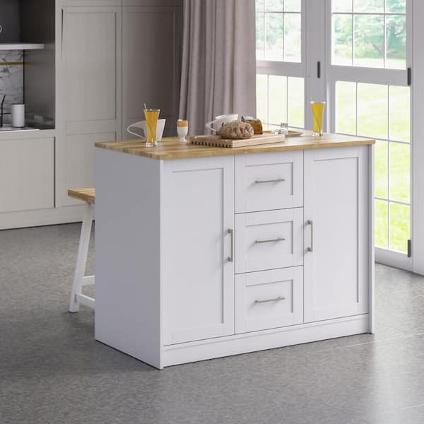Brilliant White Wood 45.5 in. Traditional Kitchen Island with Butcher Block Top