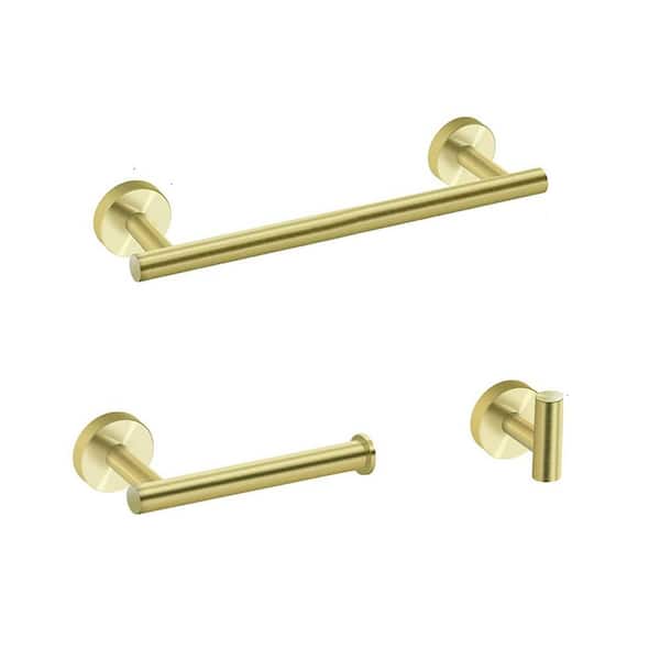 Flynama 3-Piece Wall Mounted Bathroom Hardware Accessories Set in Brushed Gold, Towel Bar, Toilet Paper Holder, Robe Towel Hooks
