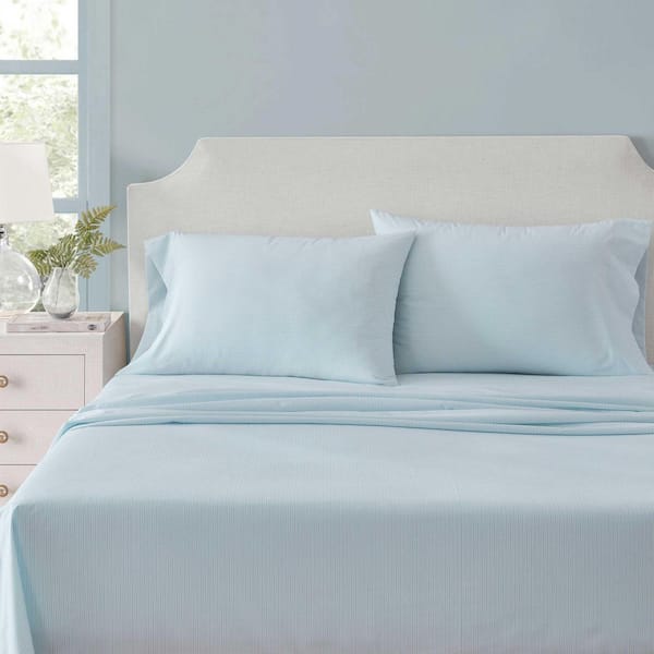 MS Stripe 4-Piece White/Winter Blue Percale Cotton Queen Sheet Set