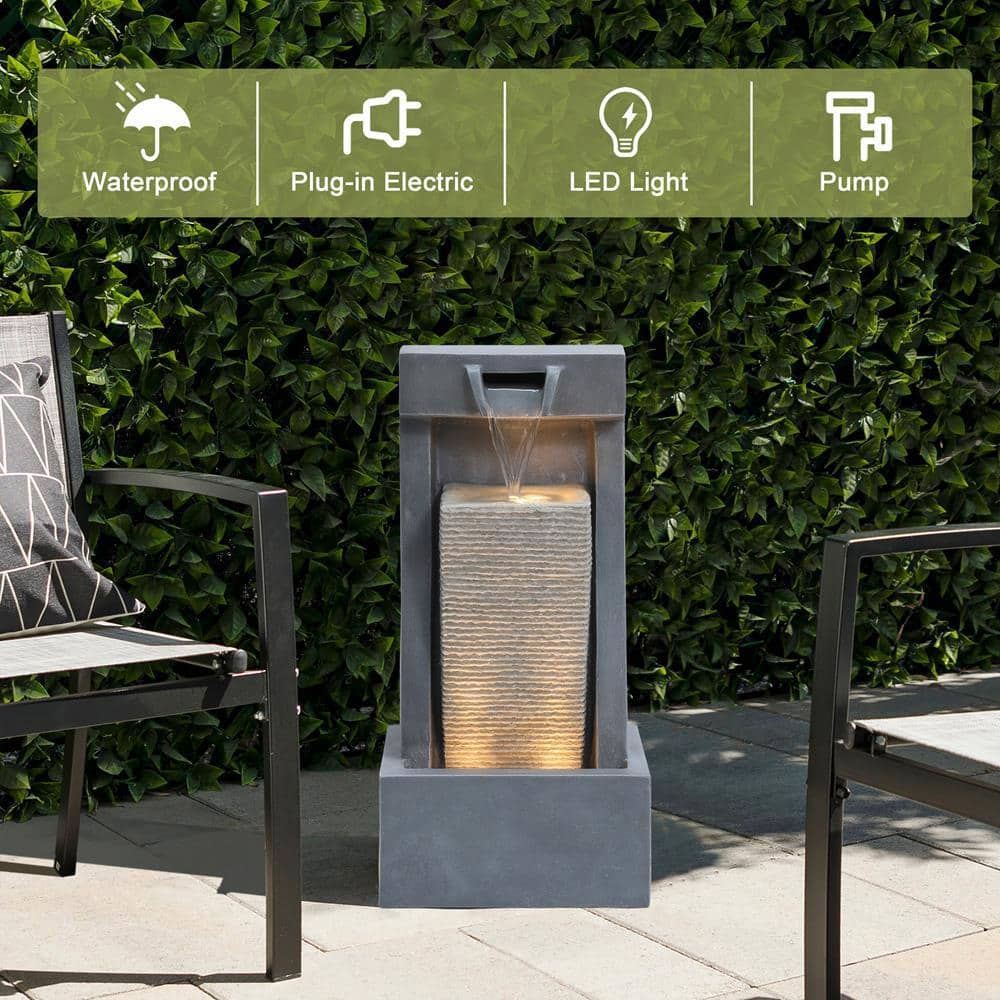 Gray Resin 2-Column Sculpture Outdoor Fountain with LED Lights
