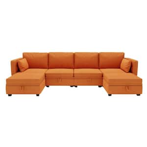110.24 in. W Square Arm 6 PC Linen U-Shaped Modular Sectional Sofa with Storage Seats and Reversible Chaise in. Orange
