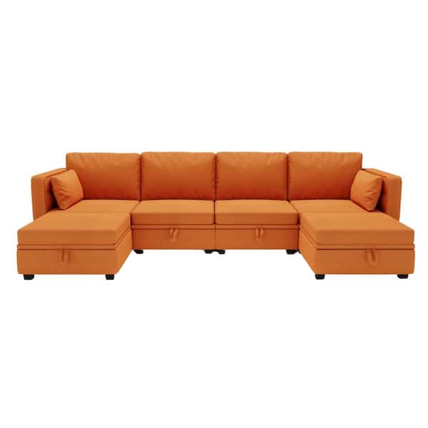 Unbranded 110.24 in. W Square Arm 6 PC Linen U-Shaped Modular Sectional Sofa with Storage Seats and Reversible Chaise in. Orange