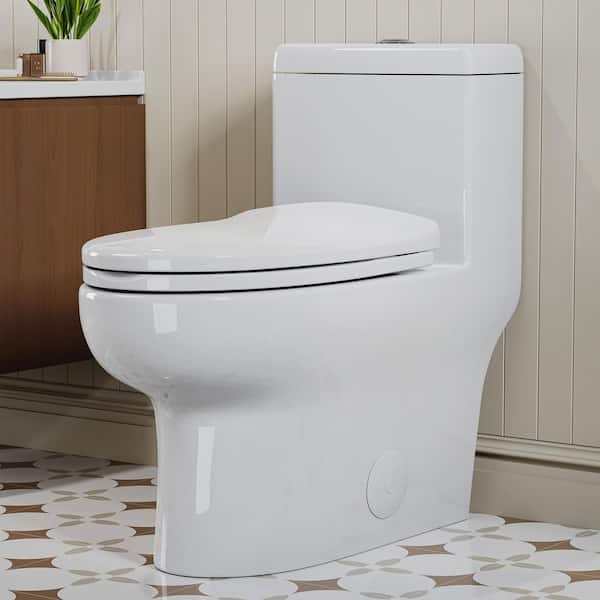 10 in. Rough In One-Piece 1.1 GPF/1.6 GPF Dual Flush Elongated Toilet in White with Soft Close Seat