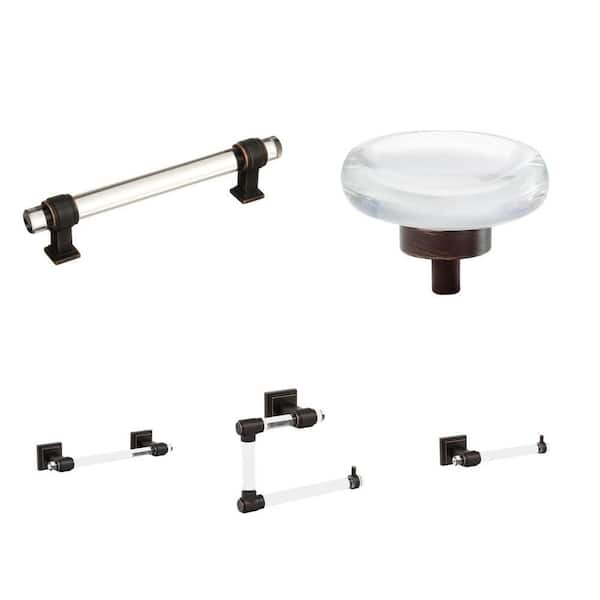 Glacio Clear/Oil-Rubbed Bronze Set: 5-1/16 in. Cabinet Pull, 1-3/4 in. Knob, 8 in. Towel Bar, Towel Ring and TP Holder
