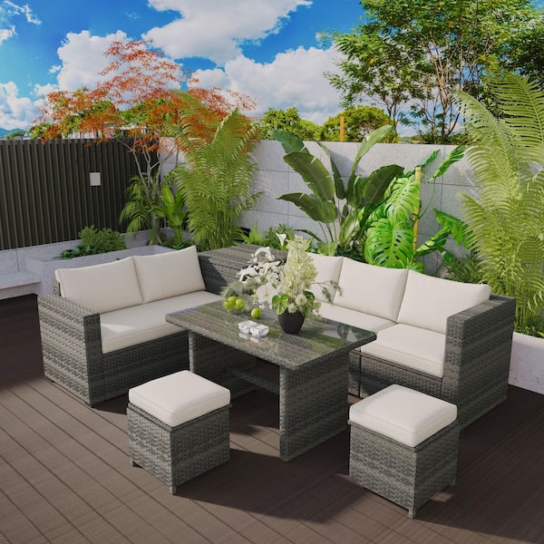 HomeAura 6-Piece Gray Wicker Outdoor Sectional Set with Adjustable Seat and Beige Cushions